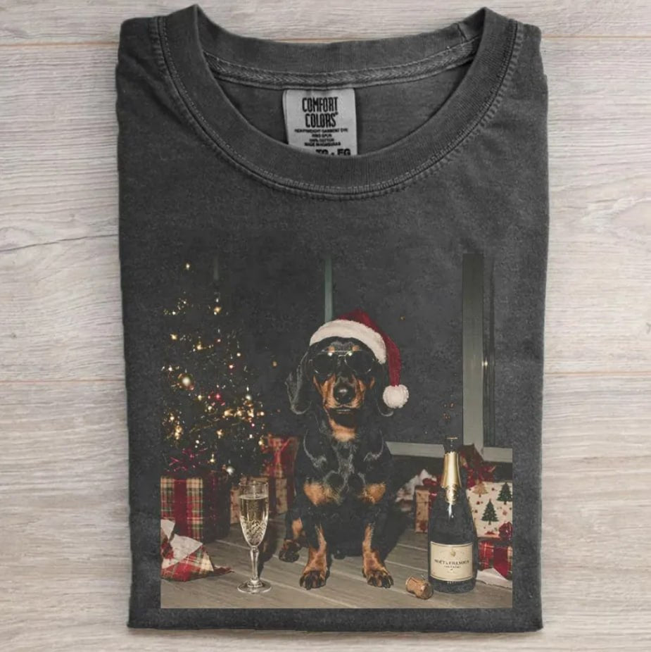 CHRISTMAS DACHSHUND CHAMPAGNE VINTAGE T-SHIRT TR-00302