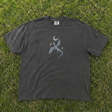 MOON AND DRAGON FANTASY BOOK EMBROIDERED TEE HHUE - 032