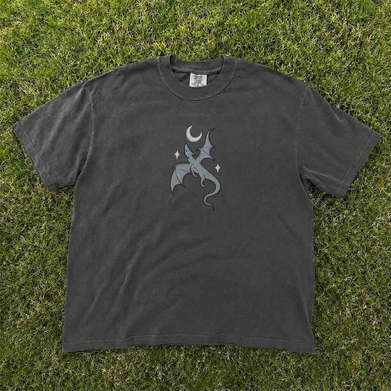 MOON AND DRAGON FANTASY BOOK EMBROIDERED TEE HHUE - 032