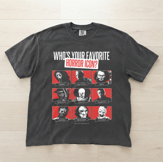 WHO IS YOUR FAVORITE HORROR ICON GRAPHIC SHIRT, RETRO HALLOWEEN MOVIE CHARACTERS TEE MC-0122