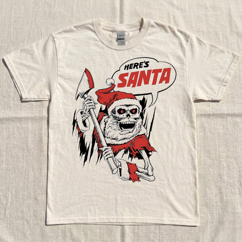 VINTAGE HERE'S SANTA GRAPHIC SHIRT, FUNNY CHRISTMAS HORROR SHIRT MC-0135