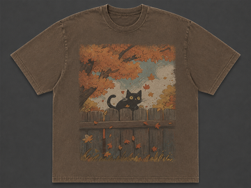 CURIOUS BLACK CAT AUTUMN LEAVES VINTAGE FALL HALLOWEEN TEE AV-00199