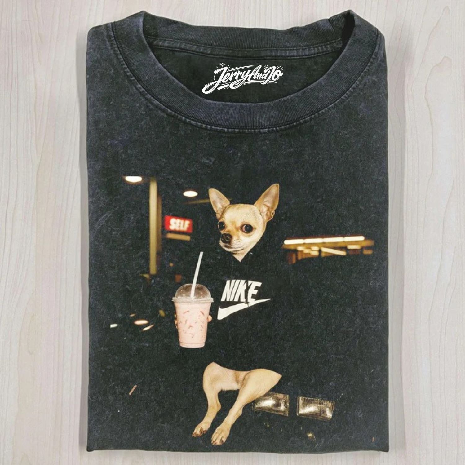 DOG HOLDING MILK TEA SHIRT NN-0108