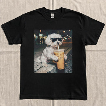 FUNNY MALTESE DRINKING ICED COFFEE SHIRT NN-0082
