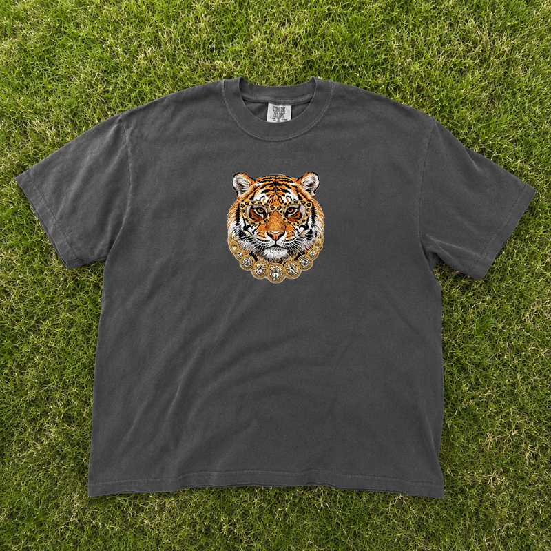 Bling Glam Tiger Embroidered Design Tee, Luxury Vibes Fashion For Her B-0035