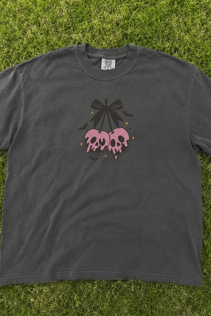 PASTEL GOTH SKULL CHERRIES HALLOWEEN EMBROIDERED TEE AV-0045