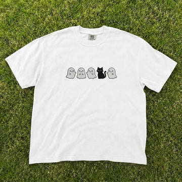 CUTE GHOSTS ROW BLACK CAT HALLOWEEN SPOOKY SEASON EMBROIDERED TEE CT-0079