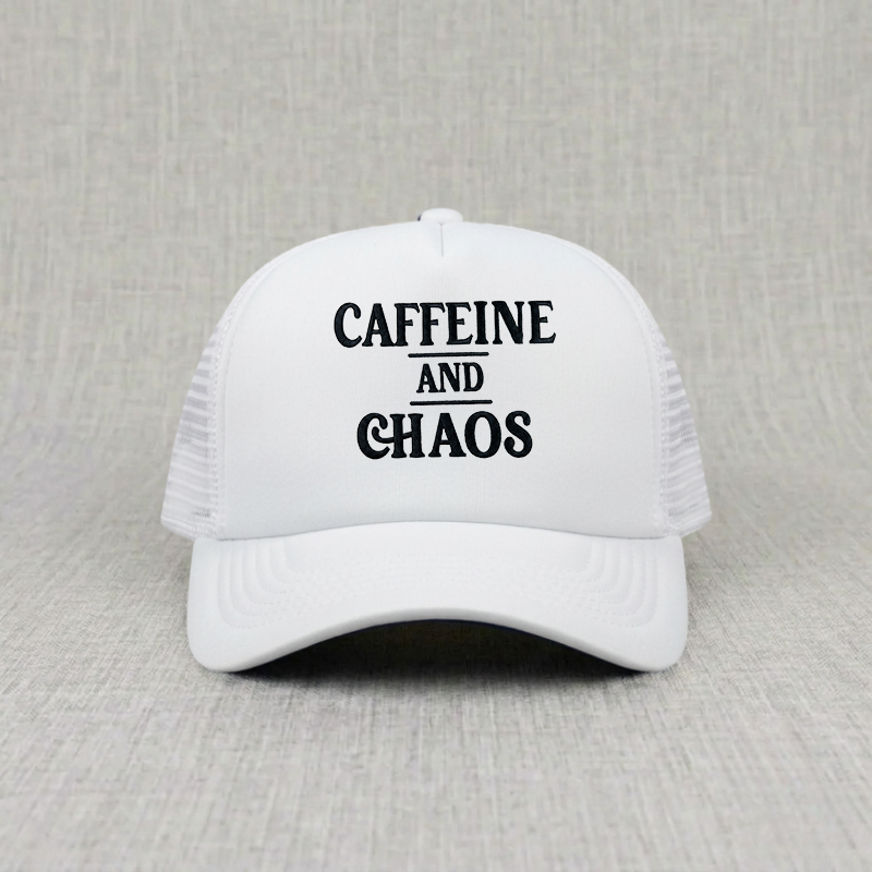 Caffeine & Chaos Embroidered Trucker Hat, Funny Coffe Addicted Quotes Unisex B-0059