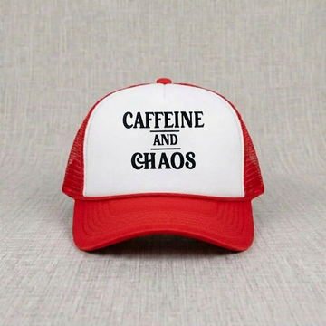 Caffeine & Chaos Embroidered Trucker Hat, Funny Coffe Addicted Quotes Unisex B-0059