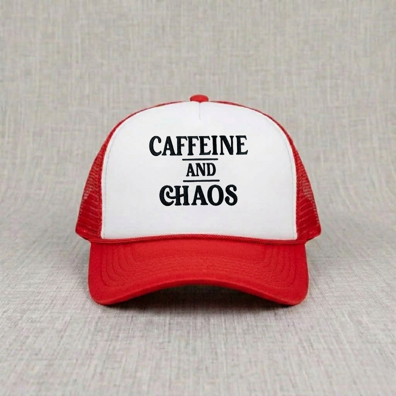 Caffeine & Chaos Embroidered Trucker Hat, Funny Coffe Addicted Quotes Unisex B-0059
