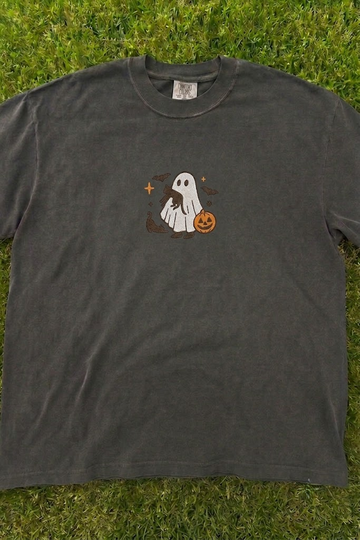 VINTAGE WHY CRAFTERS ARE OBSESSED WITH THIS GHOST PUMPKIN CAT EMBROIDERED TEE AV-0052