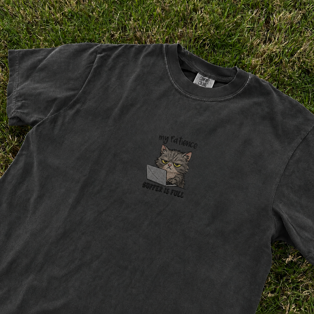 MY PATIENCE BUFFER IS FULL EMBROIDERED CAT TEE AV-0035