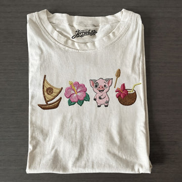 Embroidered Pua Pig and Hibiscus Shirt, Disney Wayfinder 2026 Lace Trim Ribbed Tee Son-0007