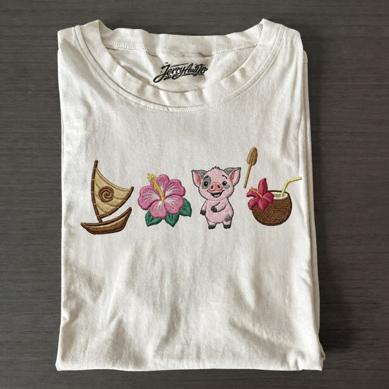 Embroidered Pua Pig and Hibiscus Shirt, Disney Wayfinder 2026 Lace Trim Ribbed Tee Son-0007