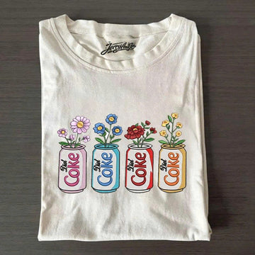 VINTAGE FLORAL SODA CAN EMBROIDERED SHIRT, RETRO WILDFLOWER GRAPHIC TEE PH-0004