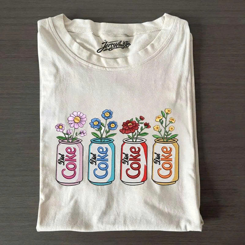 VINTAGE FLORAL SODA CAN EMBROIDERED SHIRT, RETRO WILDFLOWER GRAPHIC TEE PH-0004