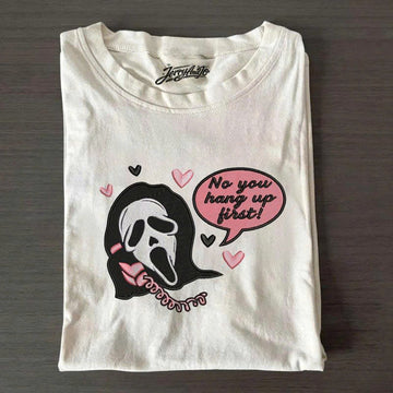 RETRO HORROR PHONE CALL EMBROIDERED SHIRT, CUTE PINK SPOOKY GRAPHIC TEE PH-0005