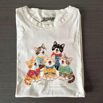 CUTE SWEATER CATS EMBROIDERED SHIRT, COZY KITTEN GRAPHIC TEE PH-0007