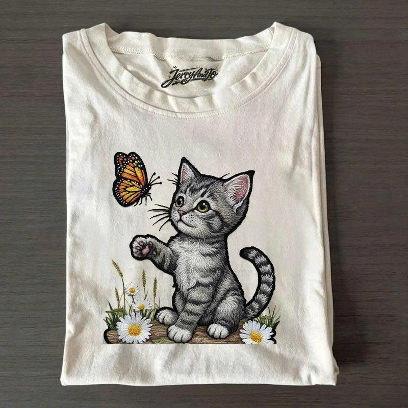 BUTTERFLY KITTEN EMBROIDERED SHIRT, CUTE CAT NATURE GRAPHIC TEE PH-0008