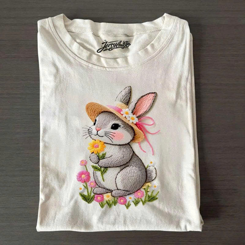 FLORAL BUNNY EMBROIDERED SHIRT, CUTE RABBIT GRAPHIC TEE PH-0009