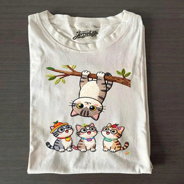 PLAYFUL HANGING KITTEN EMBROIDERED SHIRT, CUTE CAT GRAPHIC TEE PH-0010