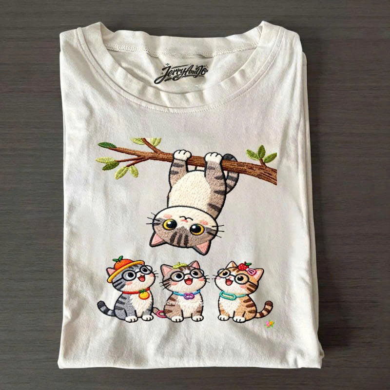 PLAYFUL HANGING KITTEN EMBROIDERED SHIRT, CUTE CAT GRAPHIC TEE PH-0010