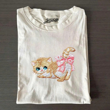 CUTE BOW KITTEN EMBROIDERED SHIRT, KAWAII CAT GRAPHIC TEE PH-0006
