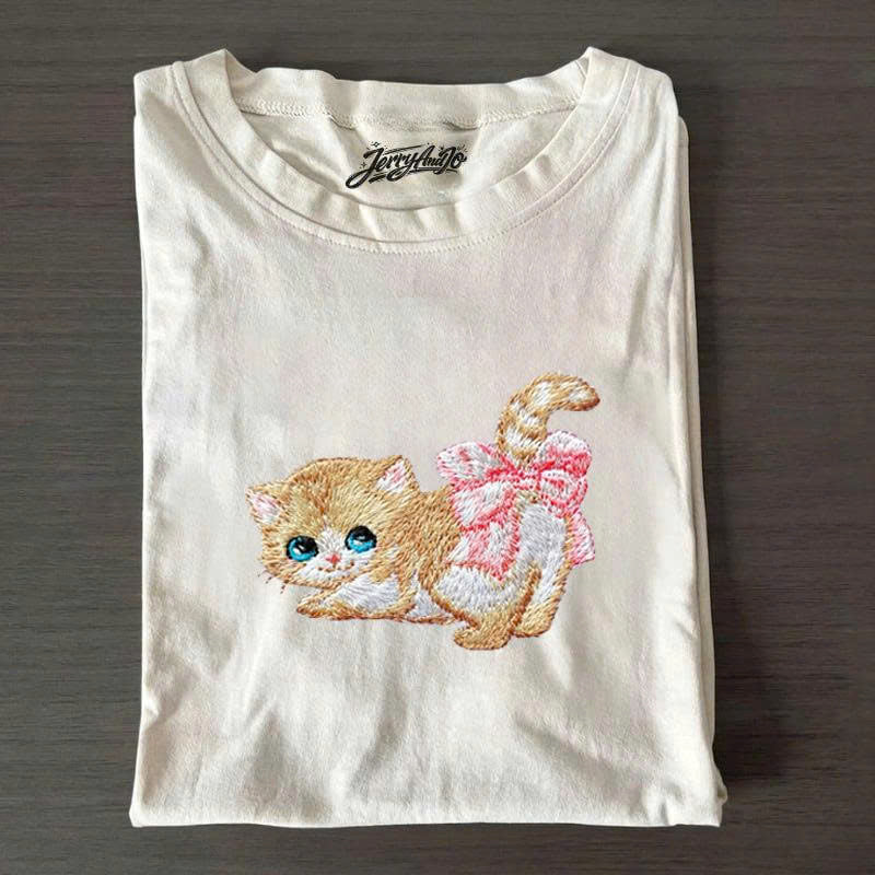 CUTE BOW KITTEN EMBROIDERED SHIRT, KAWAII CAT GRAPHIC TEE PH-0006
