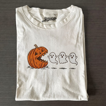 Embroidered Pumpkin Ghost Tshirt, Funny Halloween Spooky Tee Son-0023