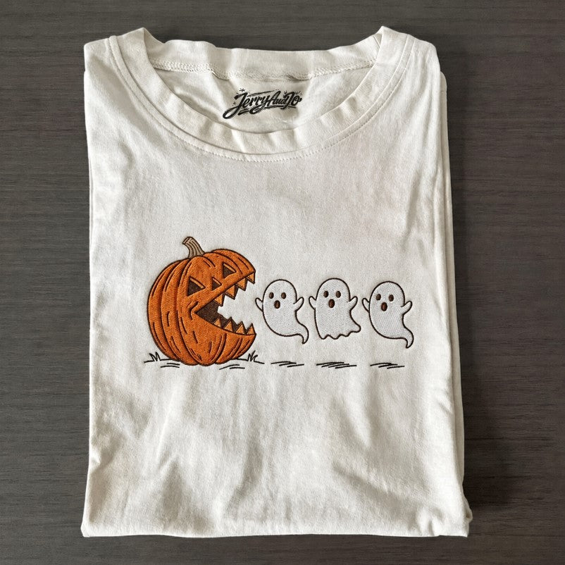 Embroidered Pumpkin Ghost Tshirt, Funny Halloween Spooky Tee Son-0023