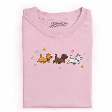 Lace Trim Bow Tank, Embroidered Playful Kitten Trio Sleeveless Shirt with Music Notes and Stars Son-0026