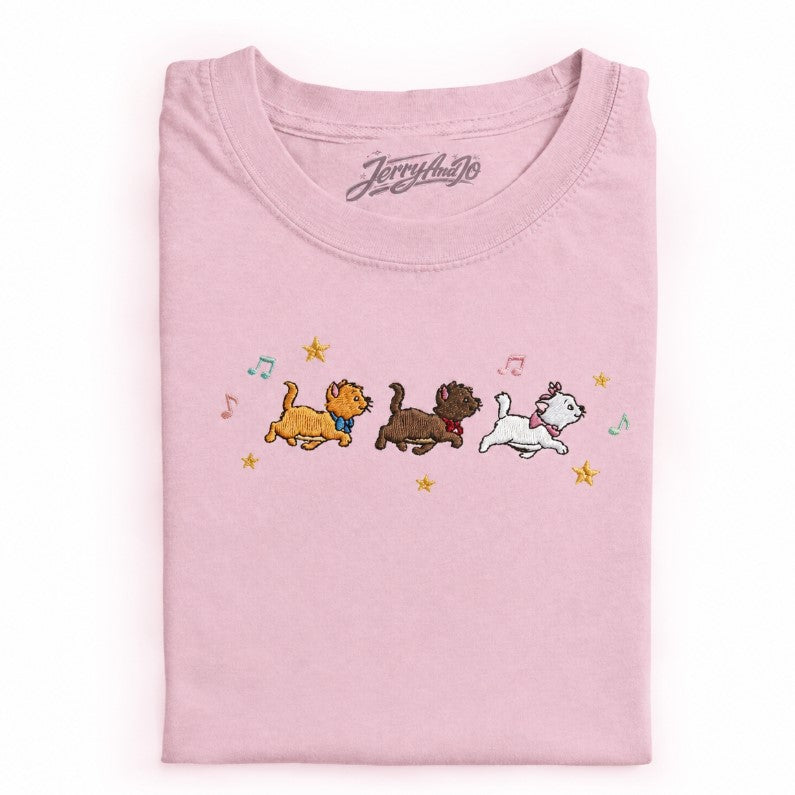 Lace Trim Bow Tank, Embroidered Playful Kitten Trio Sleeveless Shirt with Music Notes and Stars Son-0026