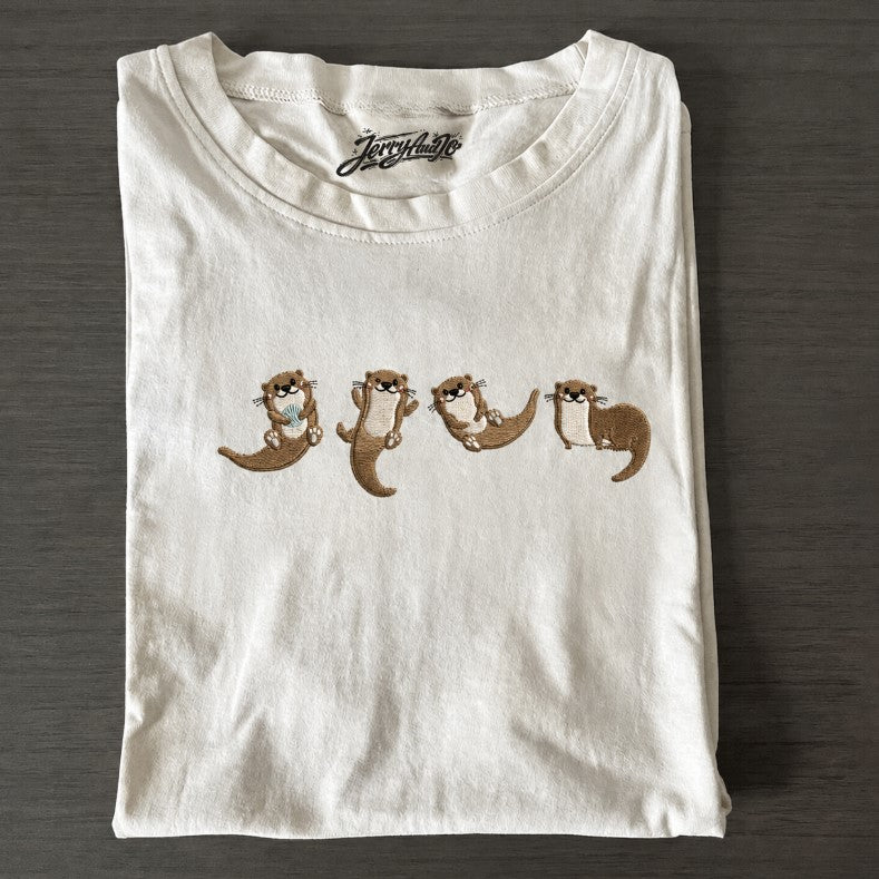 Embroidered Otter T-Shirt, Sea Otter Holding Shell Tee, Animal Lover Gift Son-0034
