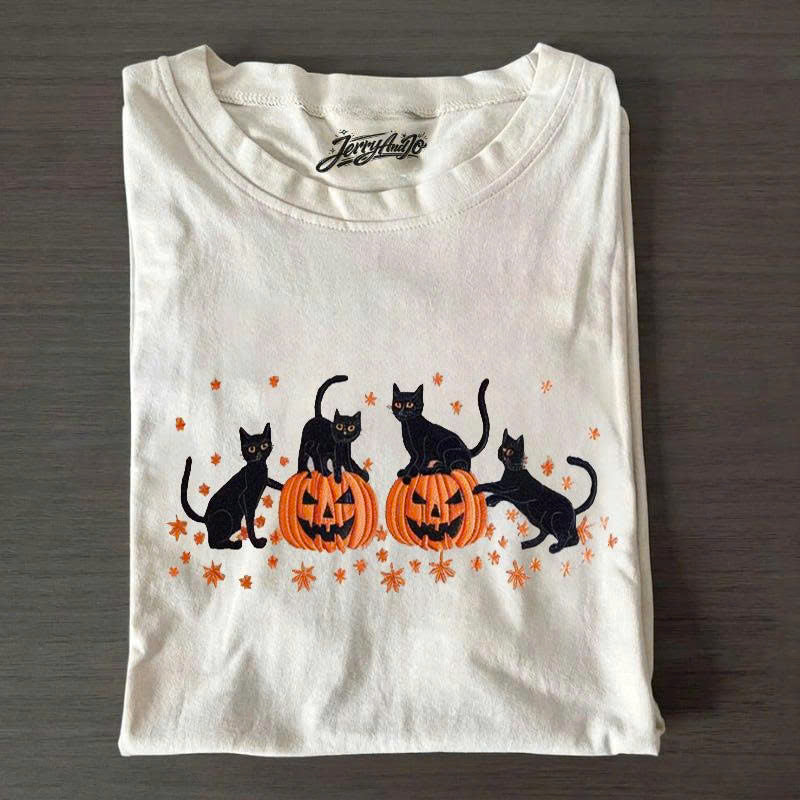 EMBROIDERED HALLOWEEN BLACK CAT SWEATSHIRT, PUMPKIN FALL SWEATER, HALLOWEEN CREWNECK PH-0030