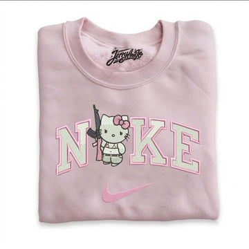 CUTE HELLO KIT EMBROIDERED TEE - Y2K PINK CAT CREWNECK SHIRT - HOODIE - SWEATSHIRT PH-0055