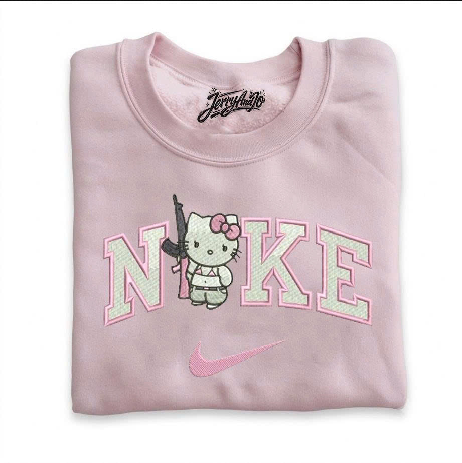 CUTE HELLO KIT EMBROIDERED TEE - Y2K PINK CAT CREWNECK SHIRT - HOODIE - SWEATSHIRT PH-0055