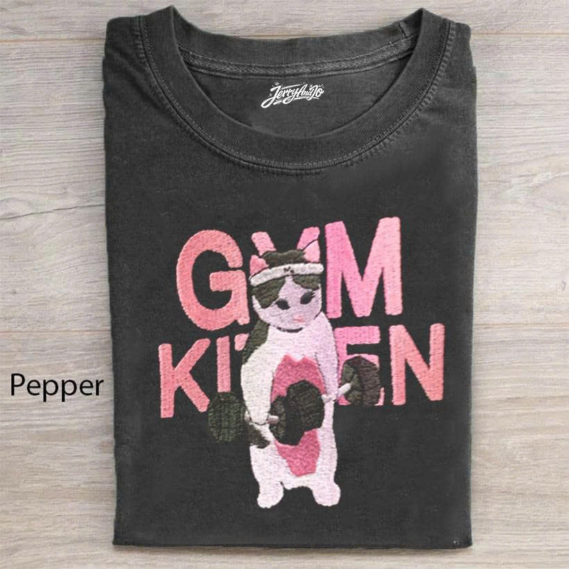 RETRO GYM KITTEN VINTAGE EMBROIDERED TEE - LIFTING CAT GRAPHIC SHIRT - HOODIE - SWEATSHIRT, FUNNY GYM AESTHETIC PUMP COVER PH-0046