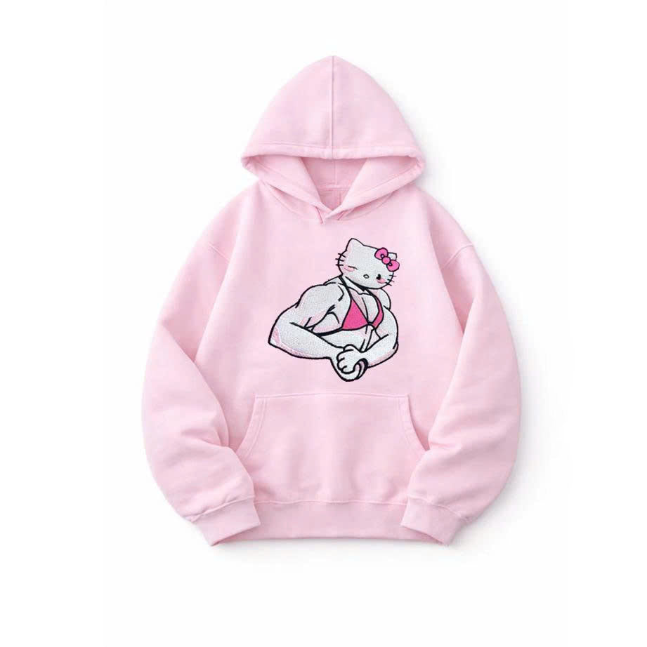BUFF HELLO KIT FITNESS MUSCLE CAT PINK EMBROIDERED TEE - BODYBUILDER ANIME CAT CREWNECK SHIRT - HOODIE - SWEATSHIRT, FUNNY POWERPUFF GYM AESTHETIC PULLOVER GIFT PH-0047
