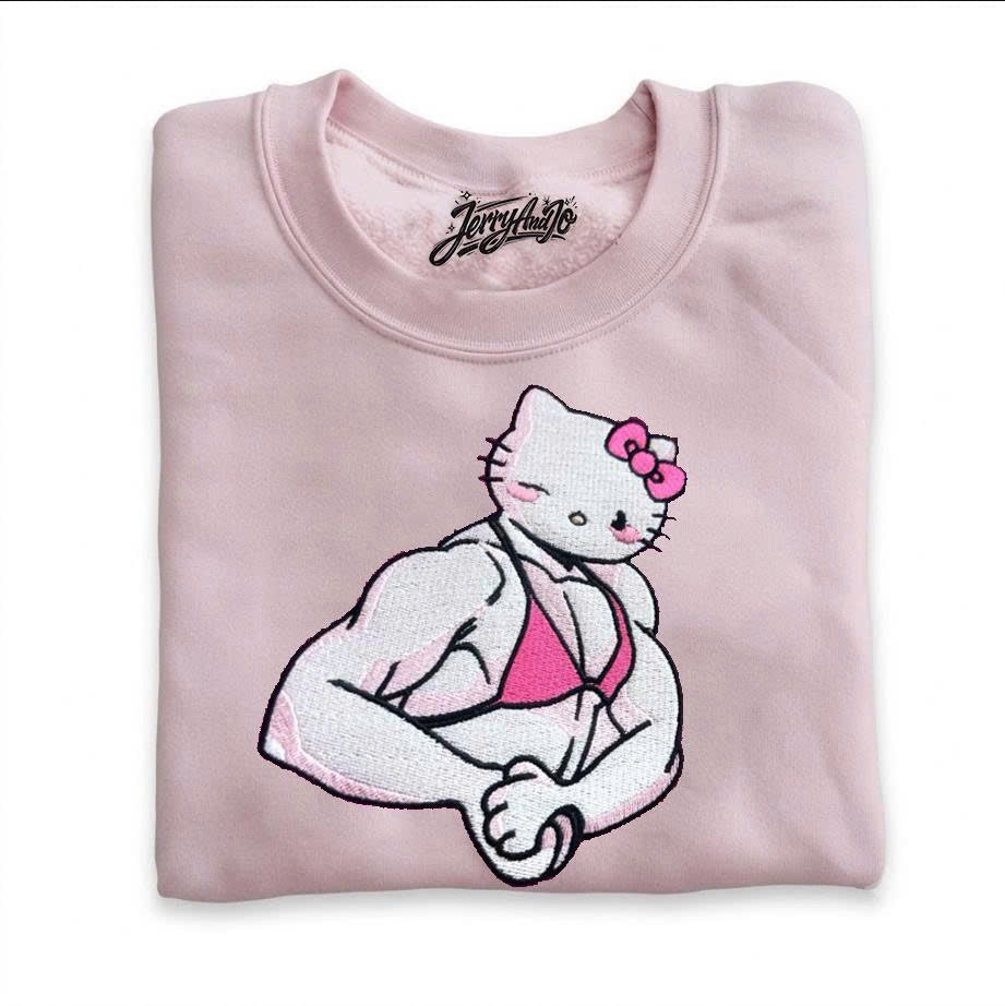BUFF HELLO KIT FITNESS MUSCLE CAT PINK EMBROIDERED TEE - BODYBUILDER ANIME CAT CREWNECK SHIRT - HOODIE - SWEATSHIRT, FUNNY POWERPUFF GYM AESTHETIC PULLOVER GIFT PH-0047