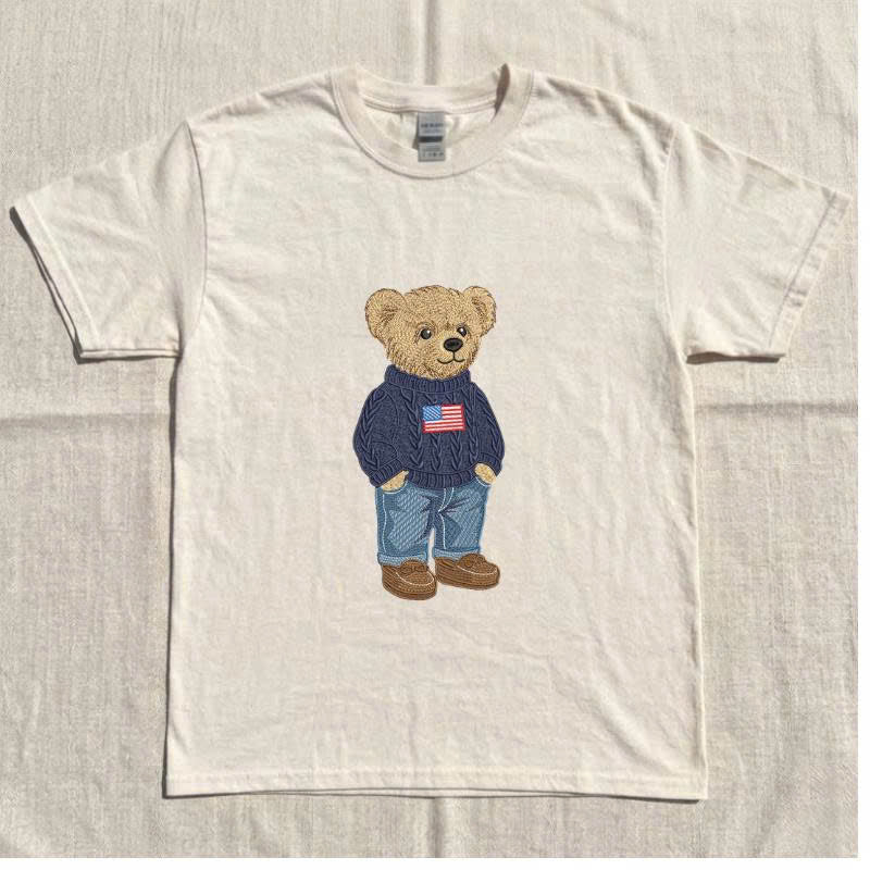 CUTE TEDDY BEAR EMBROIDERY SHIRT, PATRIOTIC USA FLAG BEAR SHIRT BT - 0048