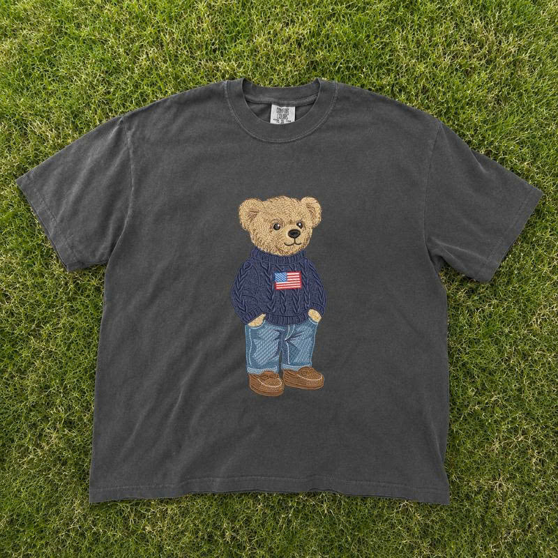 CUTE TEDDY BEAR EMBROIDERY SHIRT, PATRIOTIC USA FLAG BEAR SHIRT BT - 0048