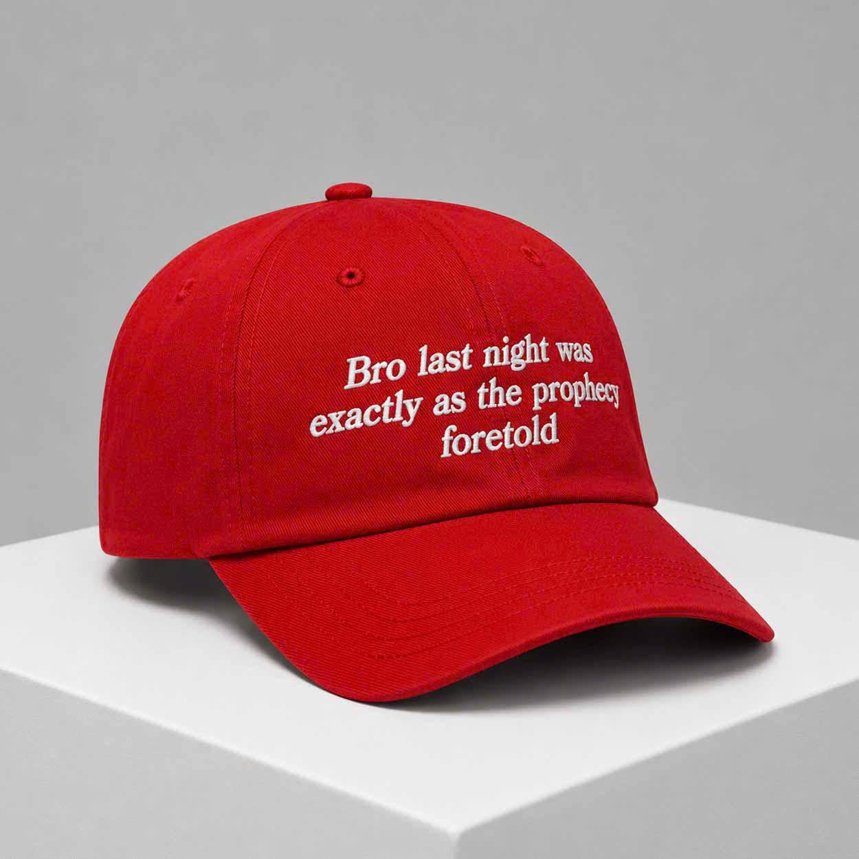 BRO LAST NIGHT WAS EXACTLY AS THE PROPHECY FORETOLD HAT, MINIMALIST EMBROIDERED CAP PH-0058