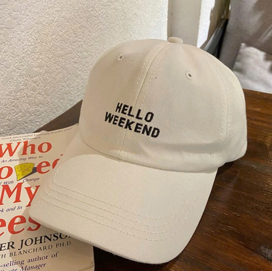 HELLO WEEKEND EMBROIDERED BASEBALL CAP, MINIMALIST WASHED COTTON DAD HAT, CASUAL WEEKEND VIBE CAP PH-0061