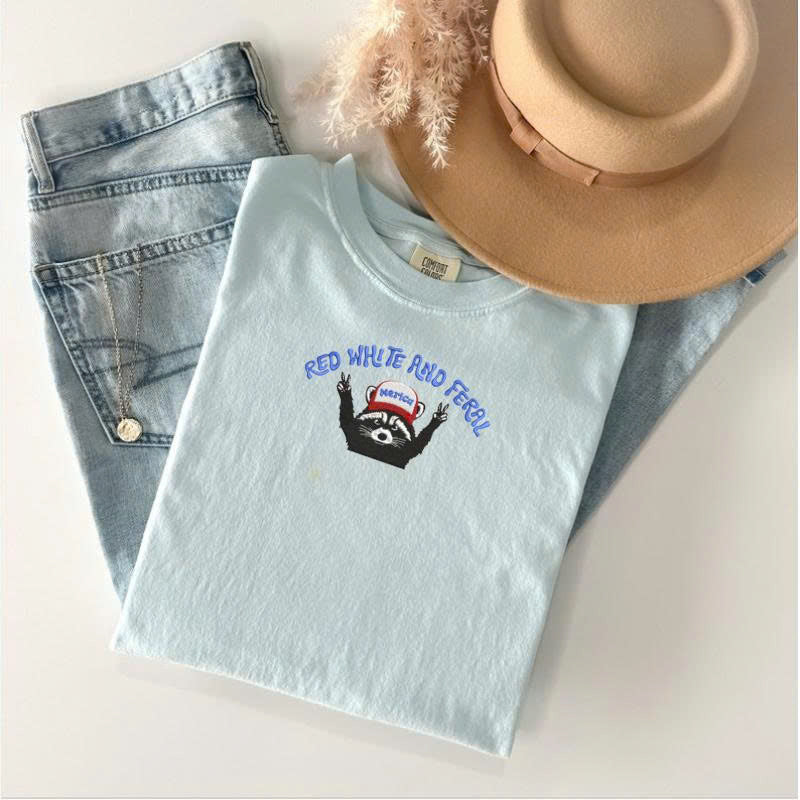 Red White And Feral Embroidery shirt,Funny Racoon shirt BT-0029