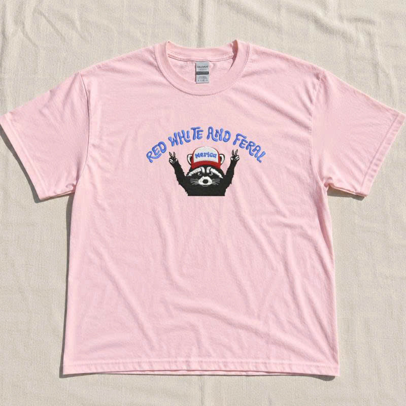 Red White And Feral Embroidery shirt,Funny Racoon shirt BT-0029