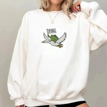 WE RIDE AT DAWN EMBROIDERED SWEATSHIRT, FUNNY FROG RIDING GOOSE CREWNECK SHIRT - HOODIE - SWEATSHIRT PH-0065