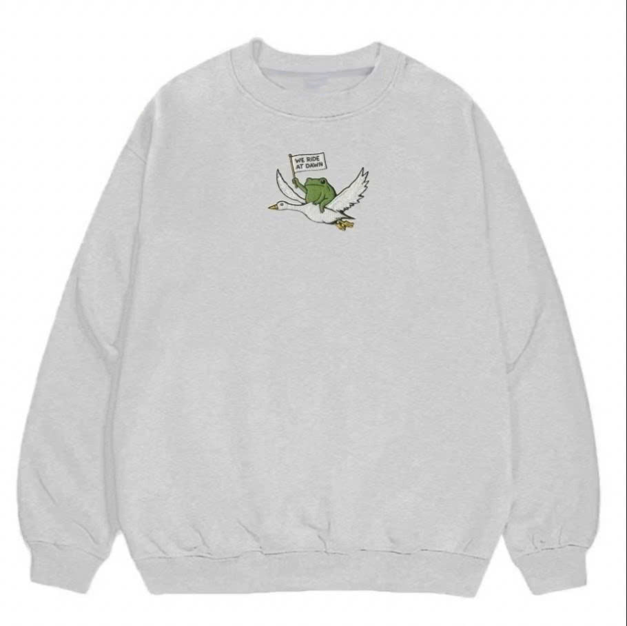 WE RIDE AT DAWN EMBROIDERED SWEATSHIRT, FUNNY FROG RIDING GOOSE CREWNECK SHIRT - HOODIE - SWEATSHIRT PH-0065