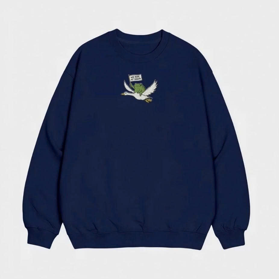 WE RIDE AT DAWN EMBROIDERED SWEATSHIRT, FUNNY FROG RIDING GOOSE CREWNECK SHIRT - HOODIE - SWEATSHIRT PH-0065