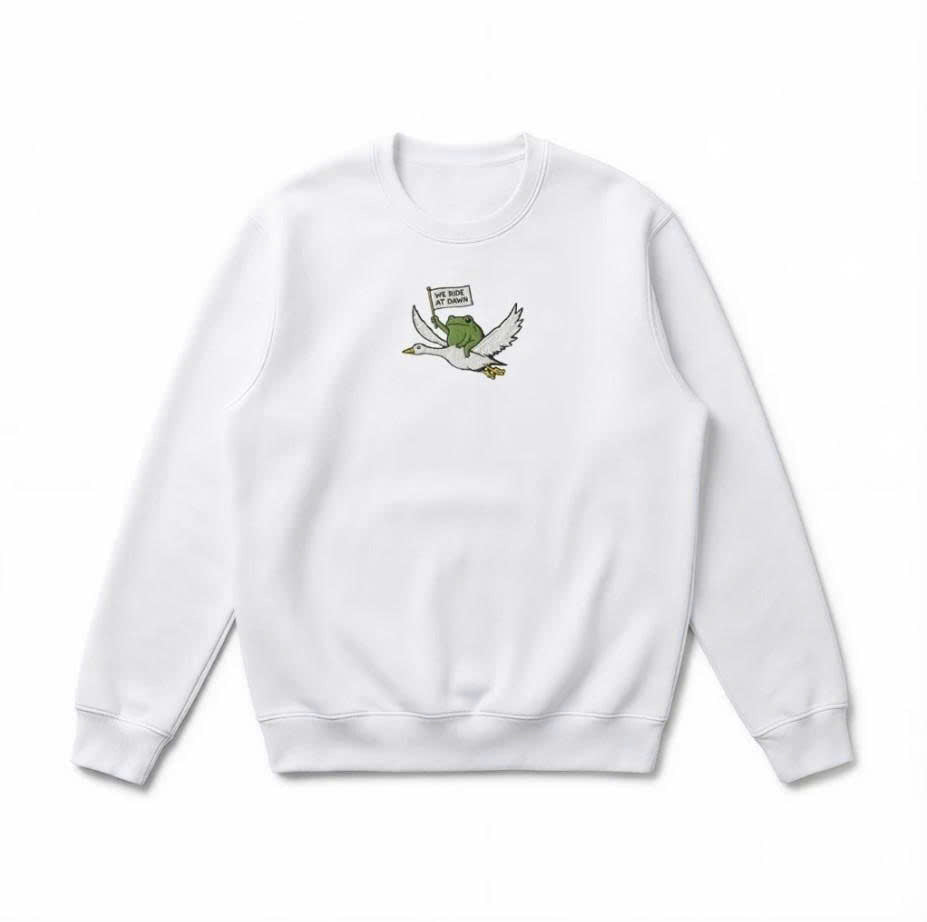 WE RIDE AT DAWN EMBROIDERED SWEATSHIRT, FUNNY FROG RIDING GOOSE CREWNECK SHIRT - HOODIE - SWEATSHIRT PH-0065