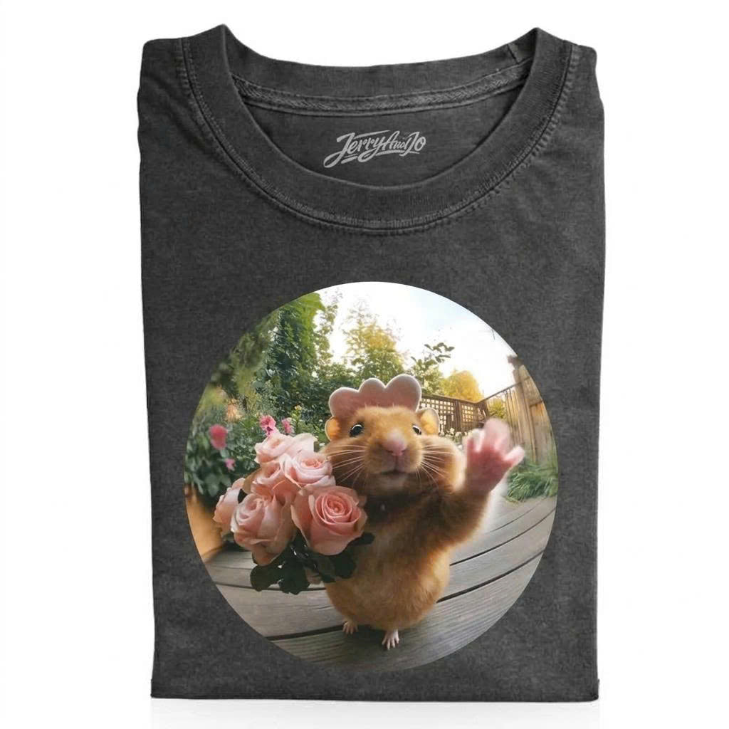 CUTE HAMSTER WAVING WITH ROSES GRAPHIC T-SHIRT LL - 0110